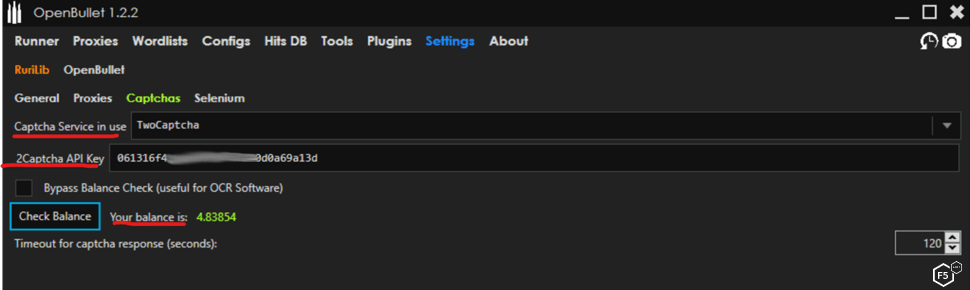 A screencap showing the OpenBullet credential stuffing tool interface, entering the CAPTCHA service information.