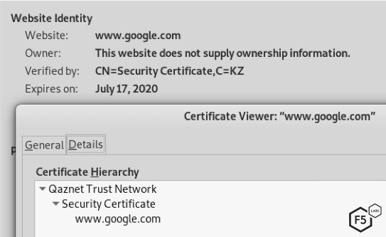 Figure 7. Google, as intercepted by Kazakh security certificate