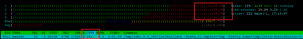 Figure 3: Jetty server fully occupied four CPU cores with 396% CPU usage overall
