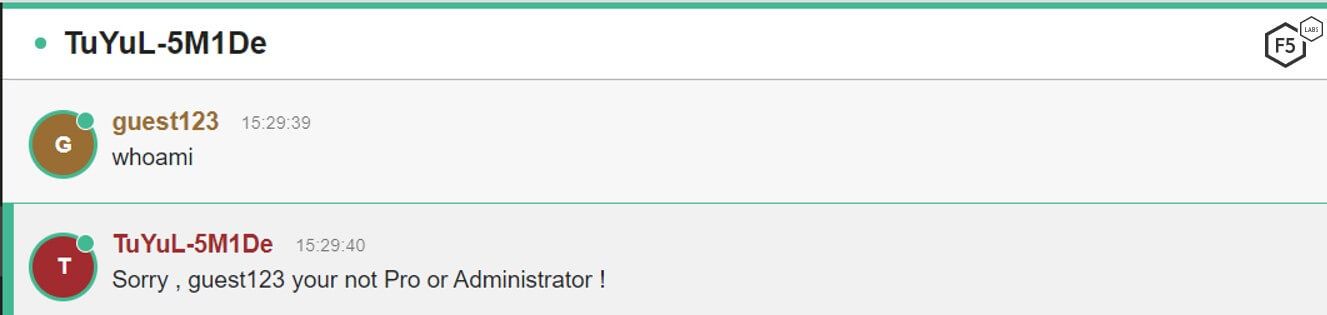Screenshot of users attempting to execute a shell command using a non-admin nickname